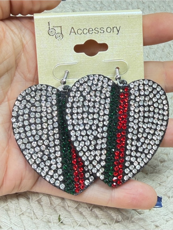 Jewelry - Oversized Heart Rhinestone Earrings Red Green Silver 2 Inch NOS
